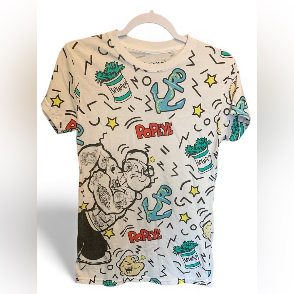 Popeye the Sailor Man Mens Small White All Over Print Graphic T-Shirt Spinach
